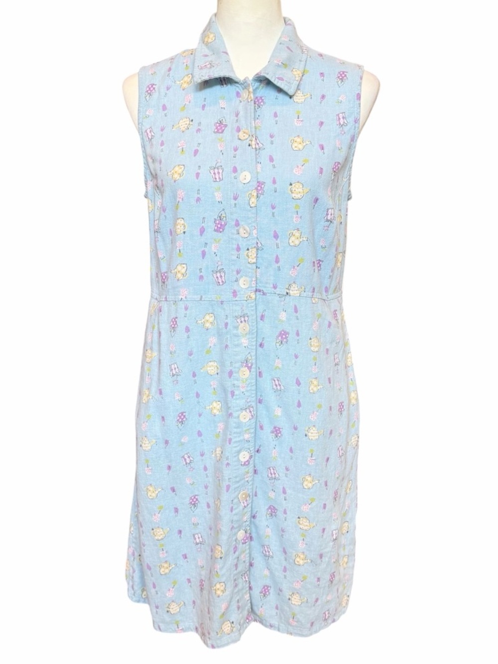 Vintage Teapot Print Shirt Dress Size 10 Blue Sleeveless Whimsical Retro Pockets